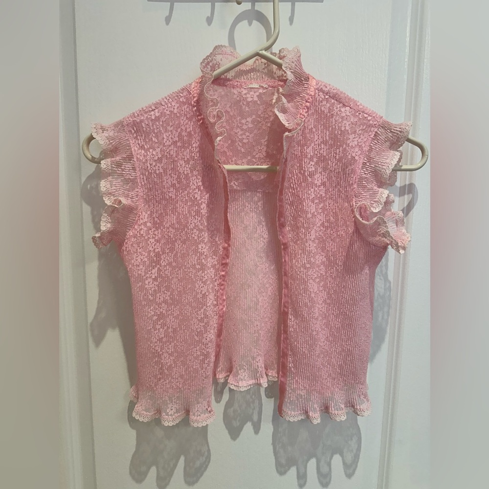 Romantic Soft Pink Lace Bolero, Vintage Ruffle Tulle Vest, XS–S, Soft (ptp 13”)